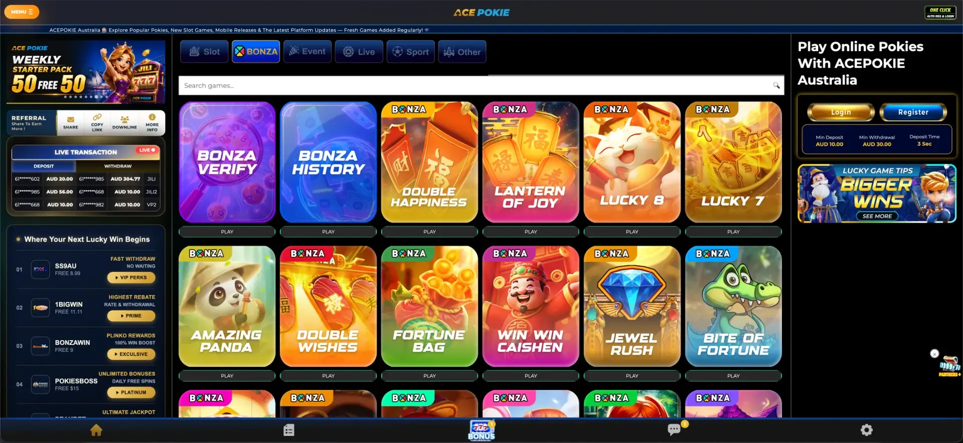 BONZA games at Acepokie