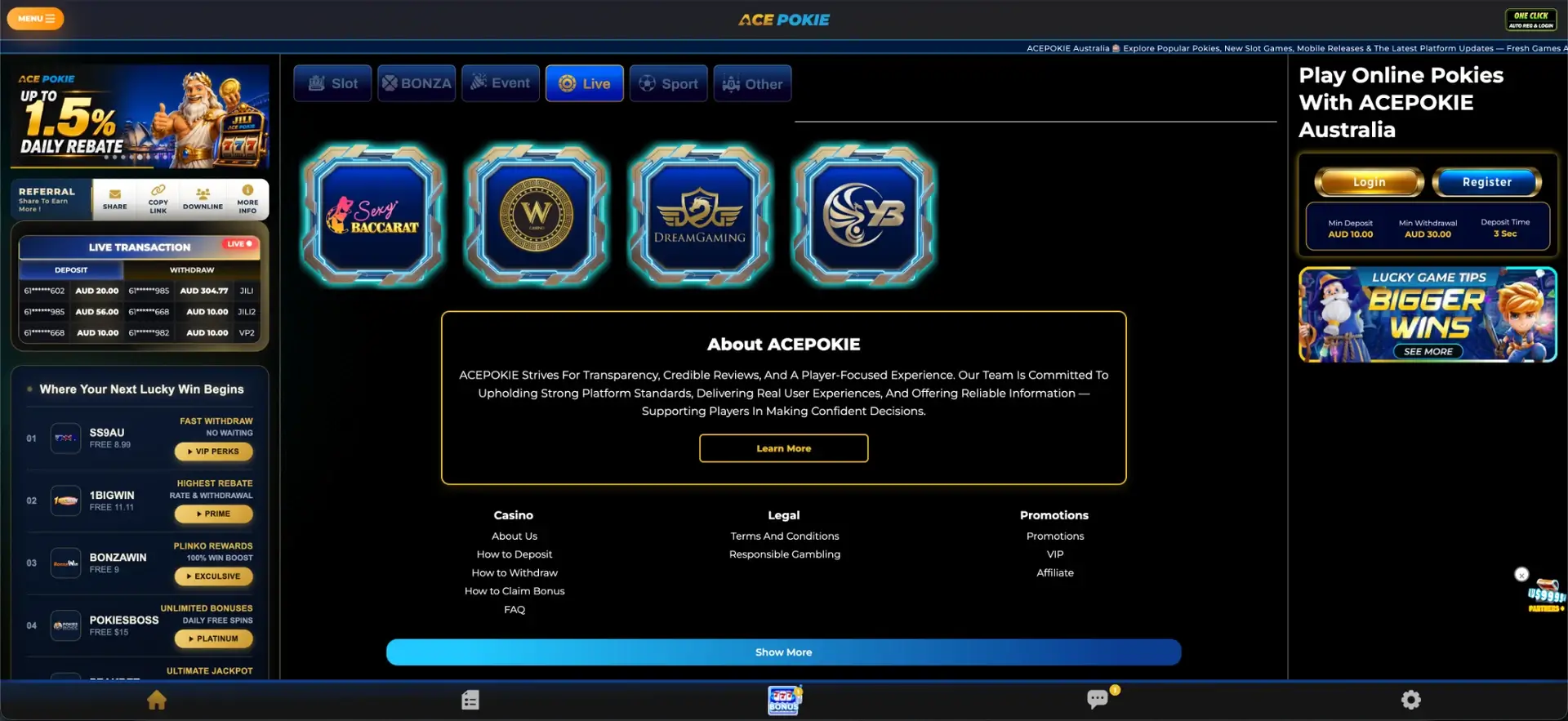 Acepokie live casino lobby