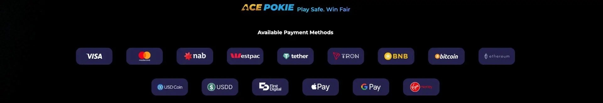 Payment methods displayed by Acepokie