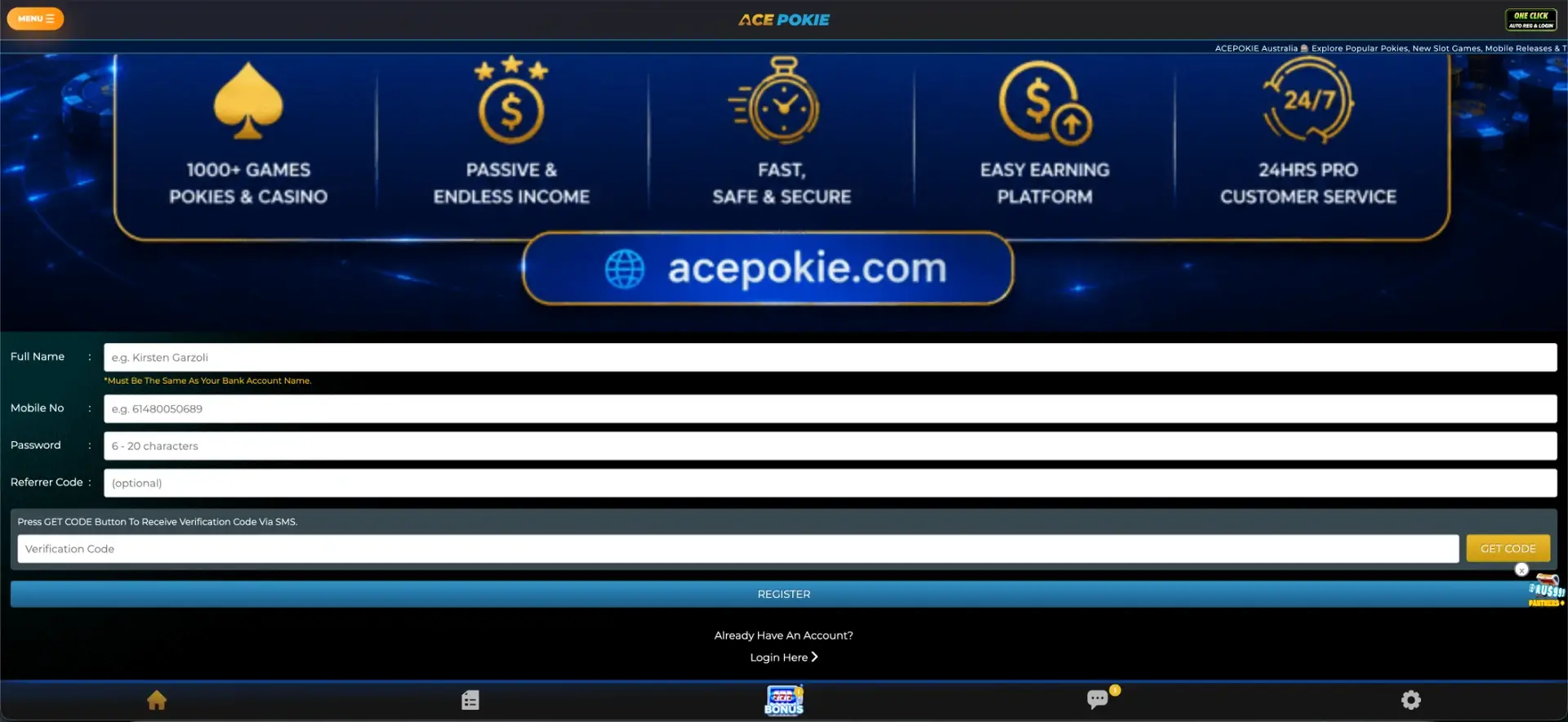 Acepokie registration form